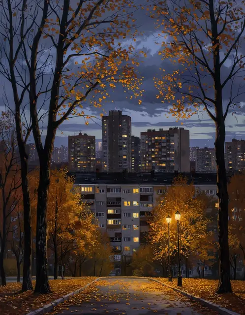 Осенний вечер в городе. Нейросеть Шедеврум.