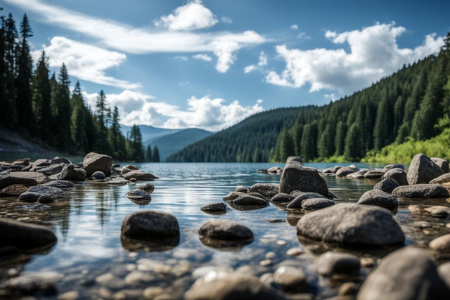 озеро, на переднем плане камни торчат из воды, заднем плане лес и горы