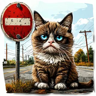 Grumpy cat возле Кирпича. Нейросеть Шедеврум.