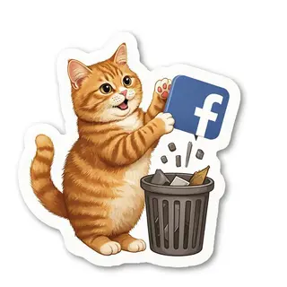 Рыжий кот выбрасывает в корзину логотип Фейсбук. GigaChat.