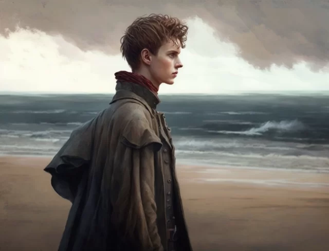 Молодой человек стоит на песчаном берегу моря и смотрит вдаль. Нейросеть Midjourney.