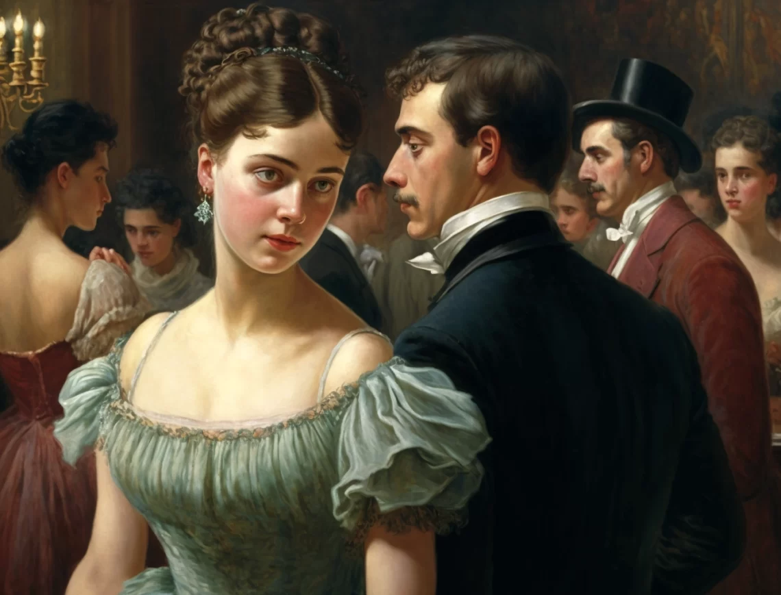 girl and a young man flirt at a 19th century ball