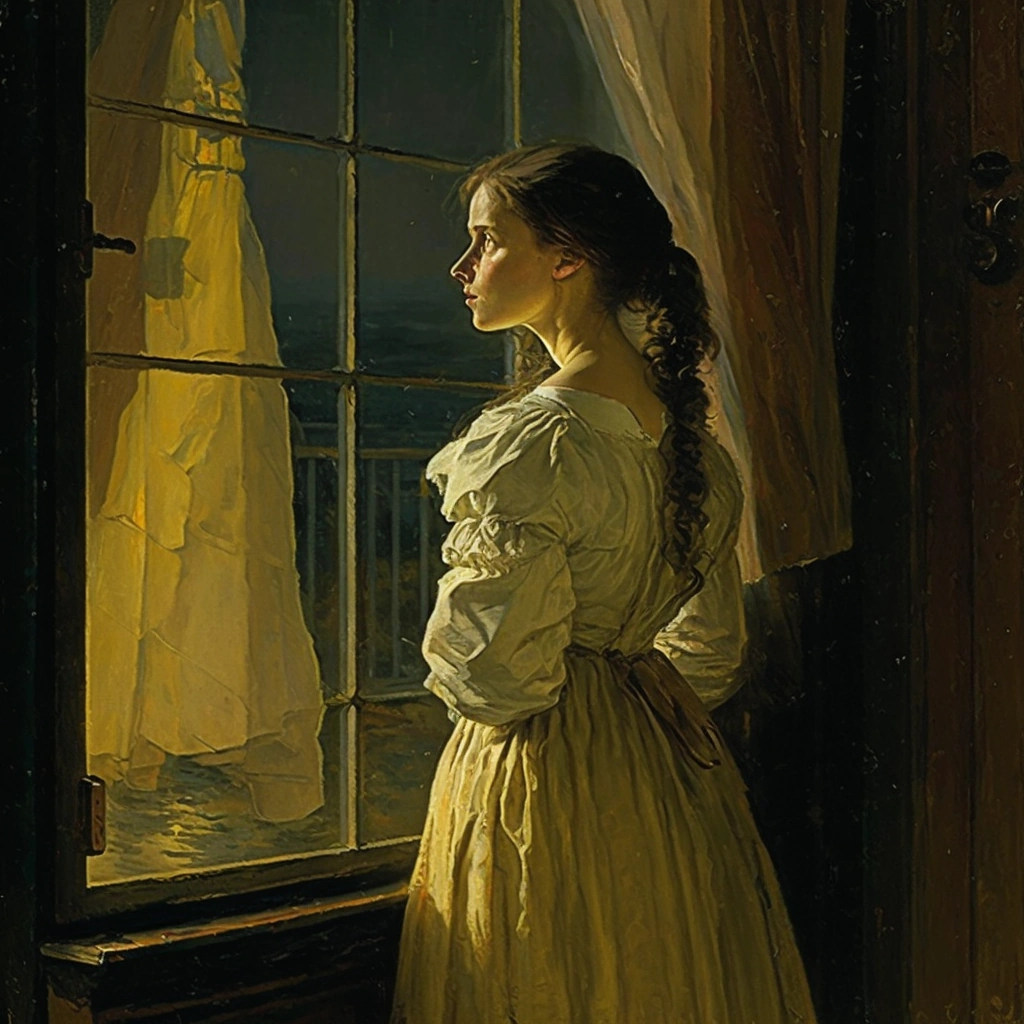 girl standing at the window evening late