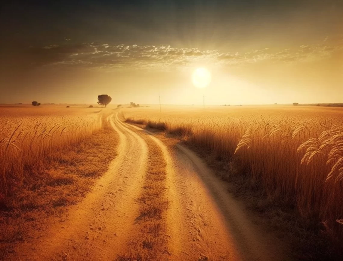 heat dryness sun dusty road through a wheat field