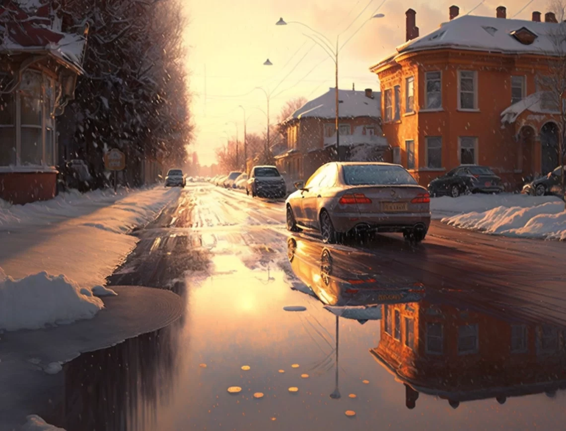 march sun puddles melting snow in a russian city cars
