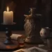 playing cards and a candle in a candlestick