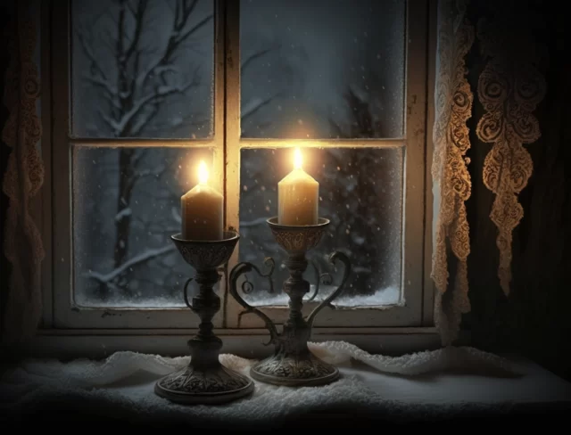 Две свечи на окне. За окном зимняя ночь. Нейросеть Midjourney.