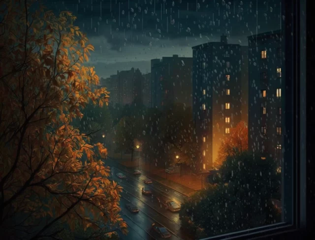 Дождливая осенняя ночь. Вид из окна. Нейросеть Midjourney.
