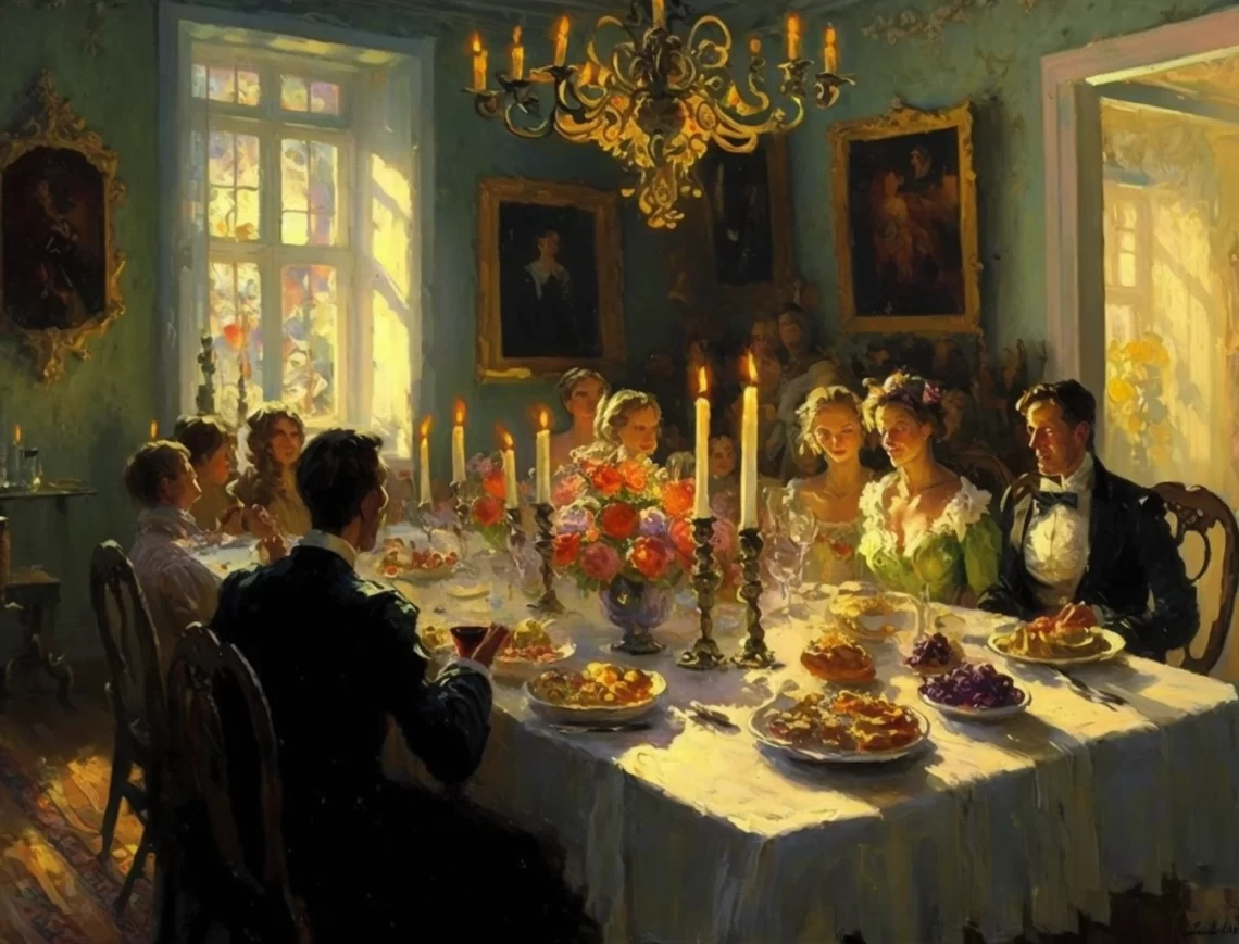 cheerful feast in a brightly lit room impressionism