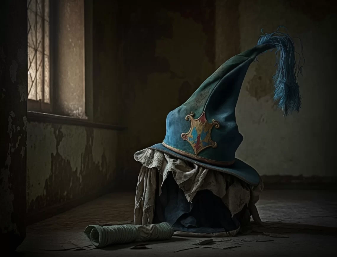 jesters cap in a gloomy dusty room