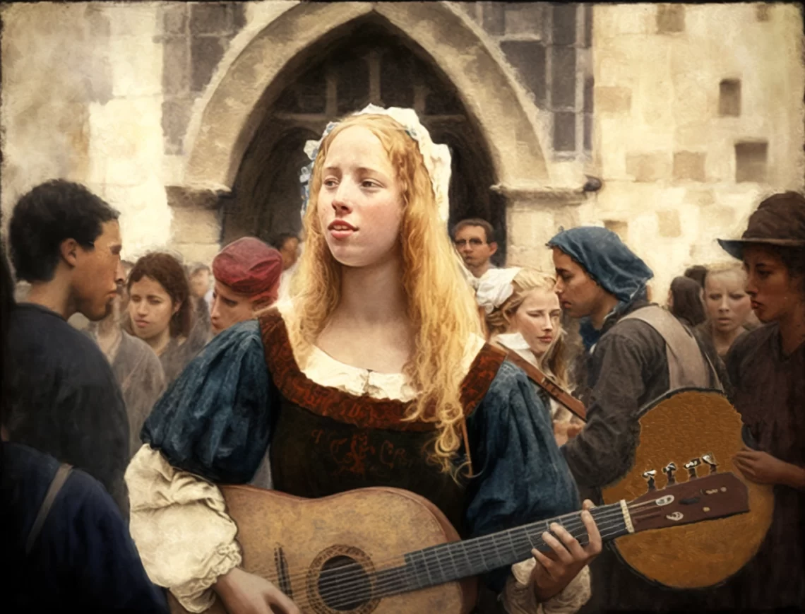 middle ages wandering artist young woman with blond hair