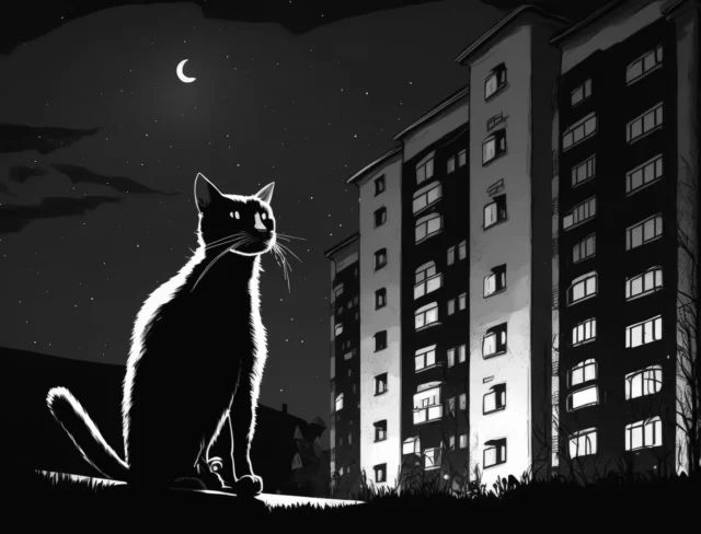 Ночь. Кот на газоне возле многоквартирного дома. Нейросеть Midjourney.