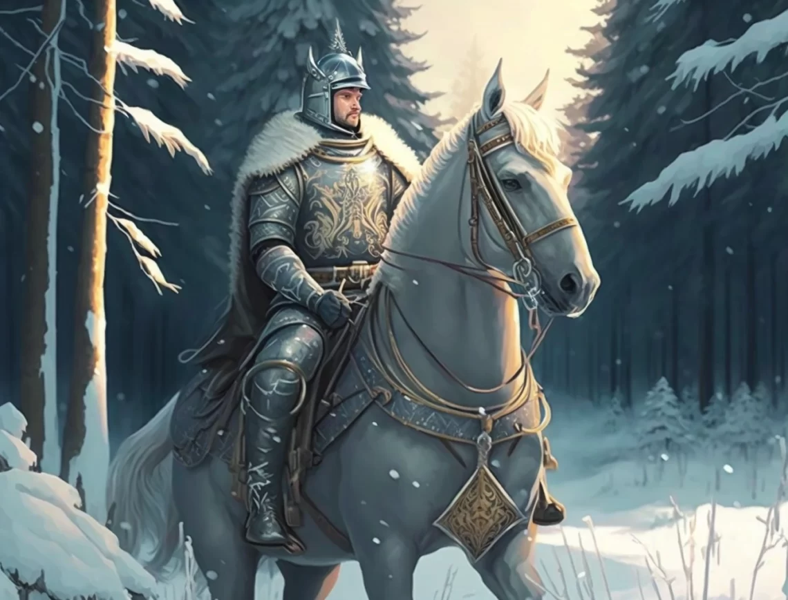 russian warrior rides on horse in forest