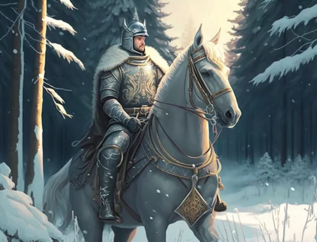 Русский богатырь верхом на коне в зимнем лесу. Нейросеть Midjourney.