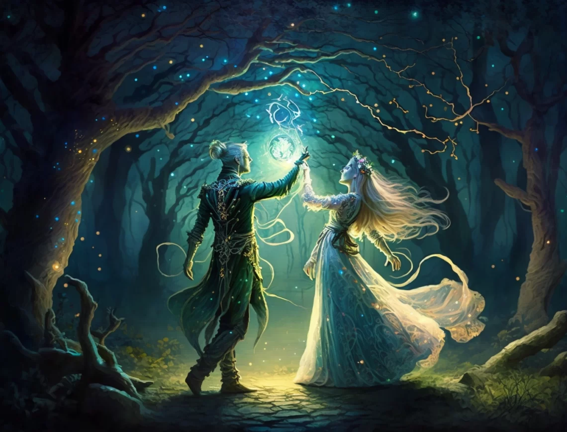 starry night elf and elven maiden dance on big glade