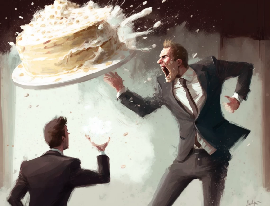 young man throws cake at the man in suit
