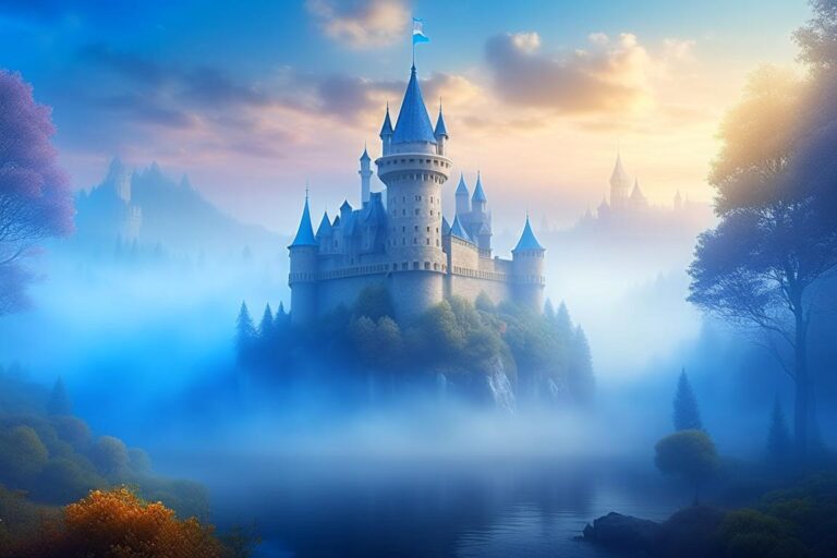 Замок у озера в тумане. Фэнтези. Нейросеть Kandinsky 2.2.