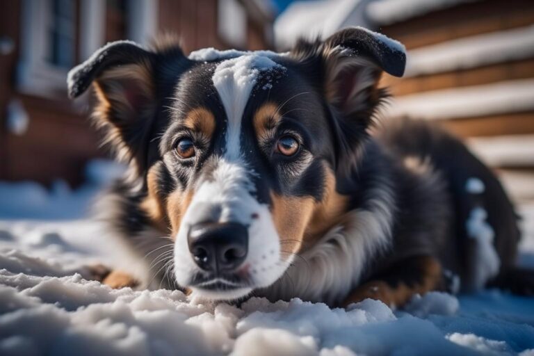 Грустный пёс на снегу у дома. Нейросеть Kandinsky 2.2.